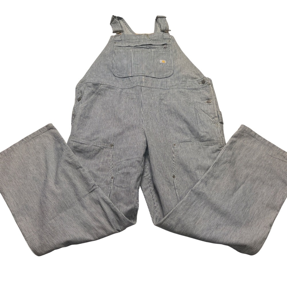 Carhartt Womens Railroad Stripe Denim Bib Overalls Relaxed Fit XL 16-18 OR3042-W